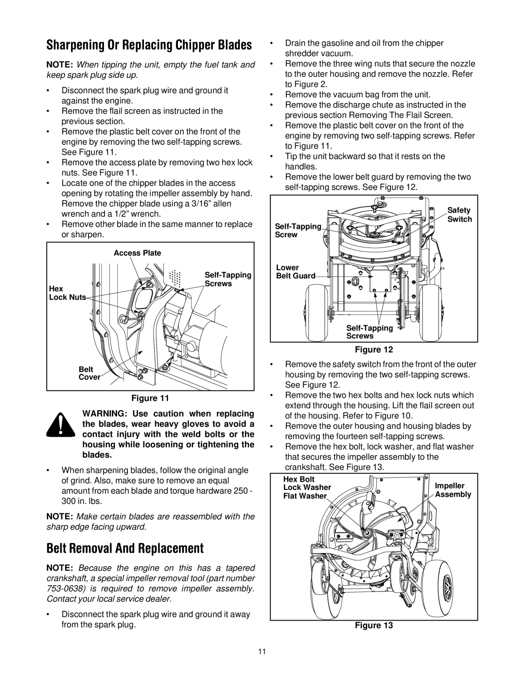 Yard-Man 203 manual Belt Removal And Replacement, Sharpening Or Replacing Chipper Blades 