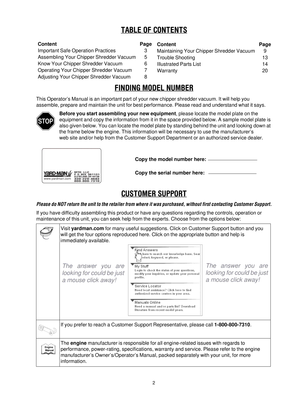 Yard-Man 203 manual Table of Contents 