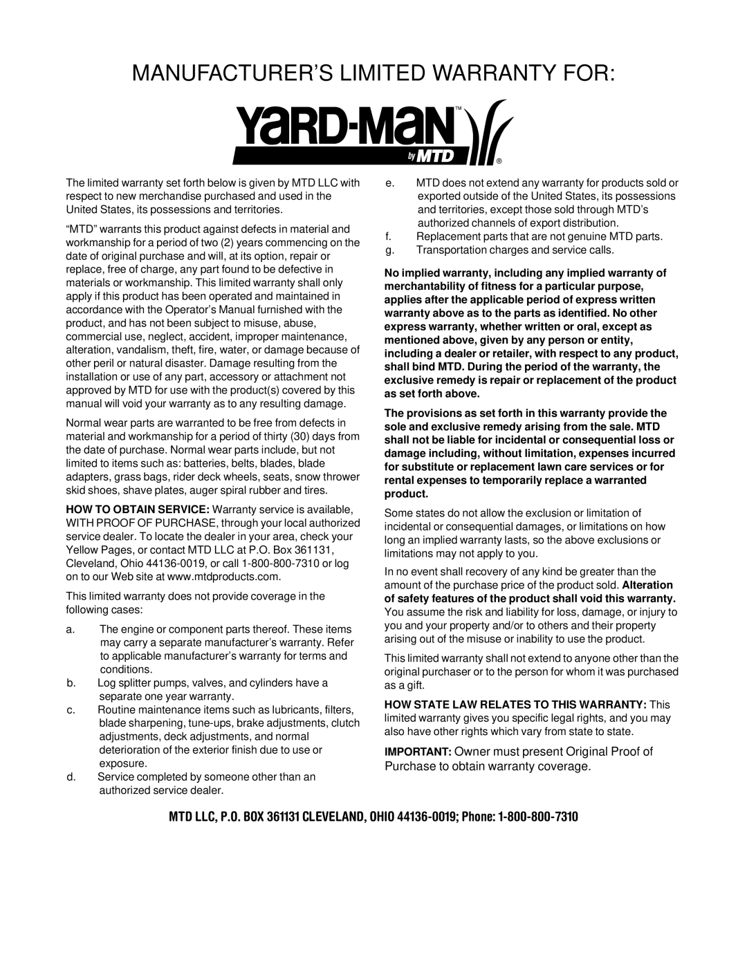 Yard-Man 203 manual MANUFACTURER’S Limited Warranty for 