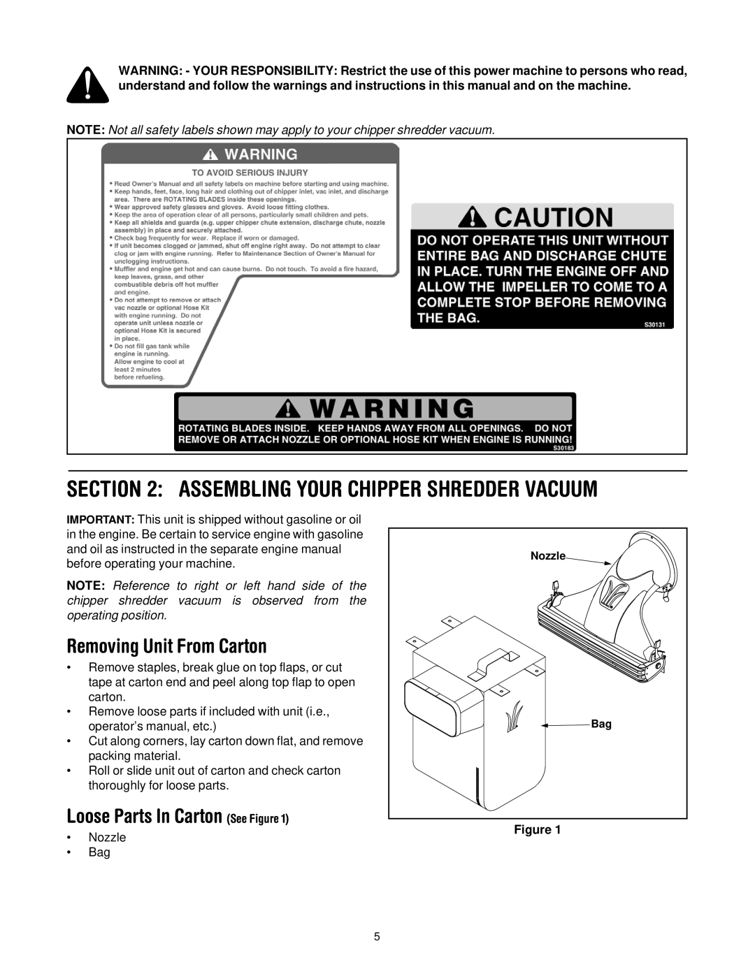 Yard-Man 203 manual Assembling Your Chipper Shredder Vacuum, Removing Unit From Carton, Loose Parts In Carton See Figure 