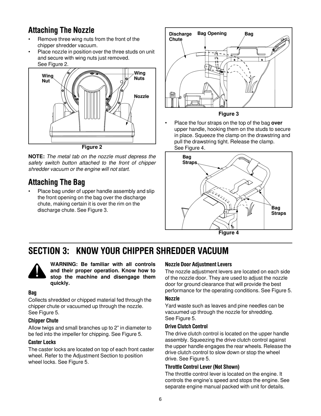 Yard-Man 203 manual Know Your Chipper Shredder Vacuum, Attaching The Nozzle, Attaching The Bag 