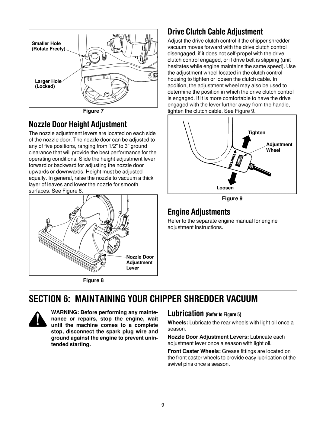 Yard-Man 203 manual Maintaining Your Chipper Shredder Vacuum, Drive Clutch Cable Adjustment, Nozzle Door Height Adjustment 