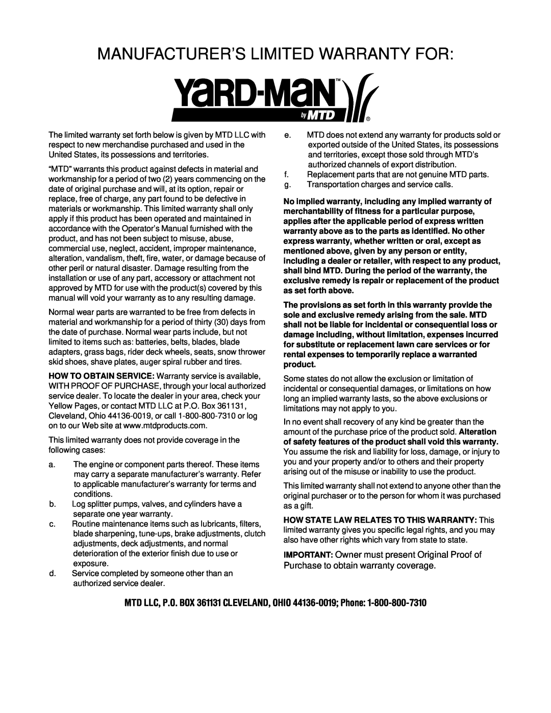 Yard-Man 203 manual Manufacturer’S Limited Warranty For 