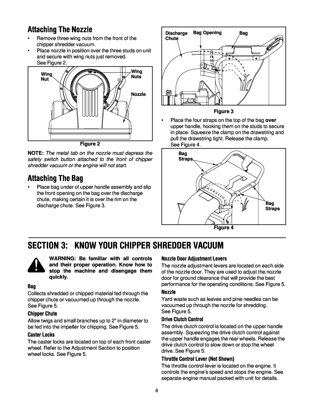 Yard-Man 203 manual Know Your Chipper Shredder Vacuum, Attaching The Nozzle, Attaching The Bag, Chipper Chute, Caster Locks 