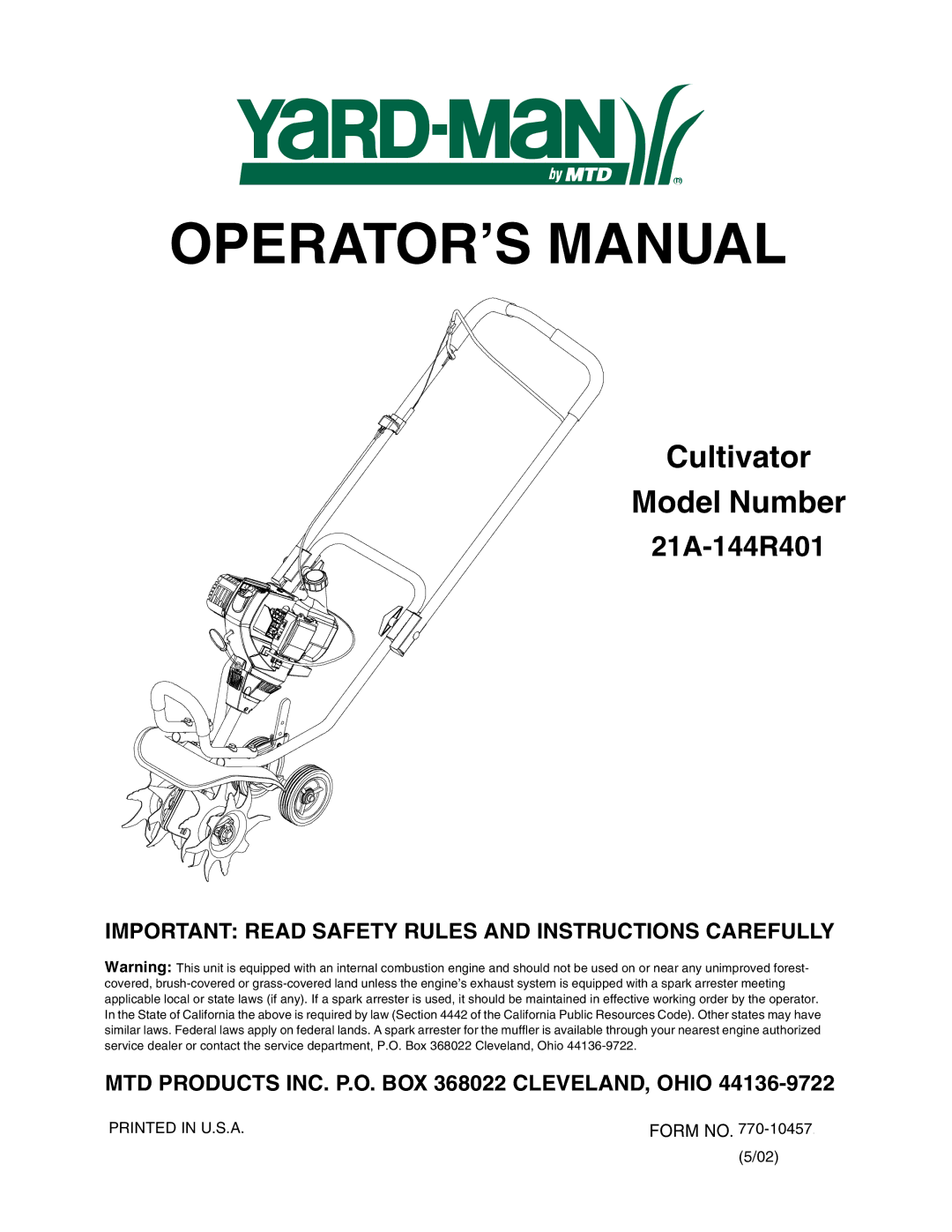 Yard-Man 21A-144R401 manual OPERATOR’S Manual 