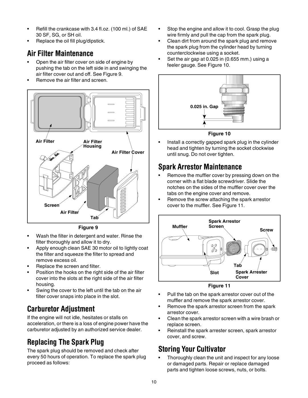 Yard-Man 21A-144R401 Air Filter Maintenance, Carburetor Adjustment, Replacing The Spark Plug, Spark Arrestor Maintenance 