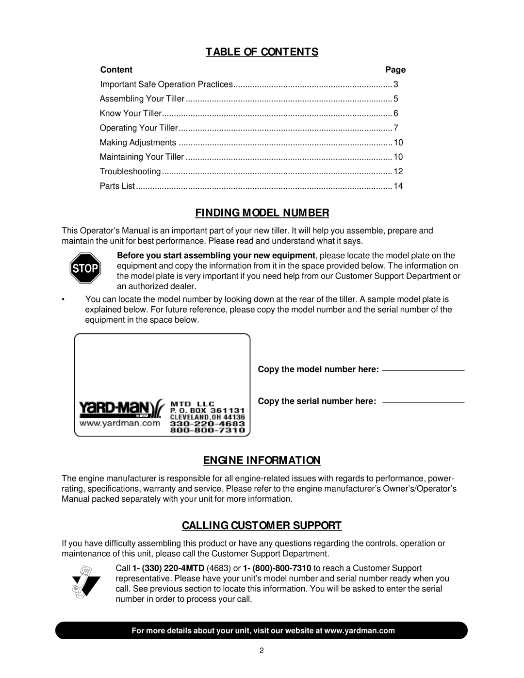 Yard-Man 21A-392B401 manual Table of Contents 