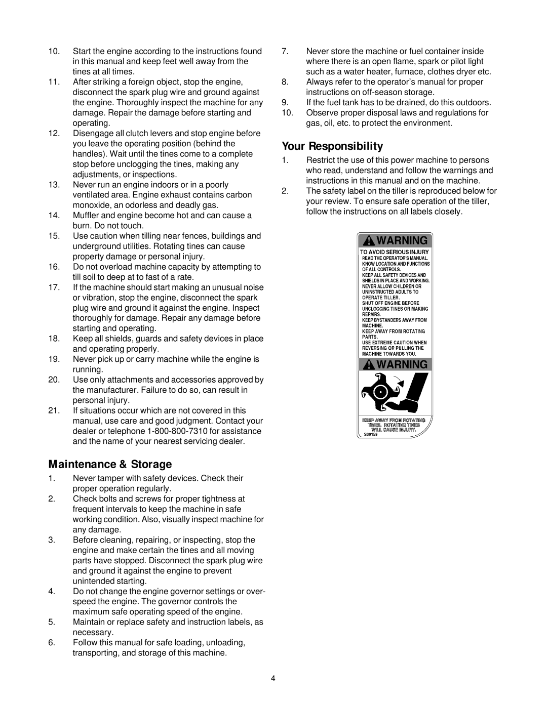 Yard-Man 21A-392B401 manual Maintenance & Storage, Your Responsibility 