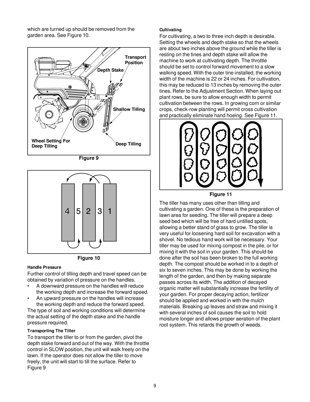 Yard-Man 21A-392B401 manual Cultivating, Handle Pressure, Transporting The Tiller 