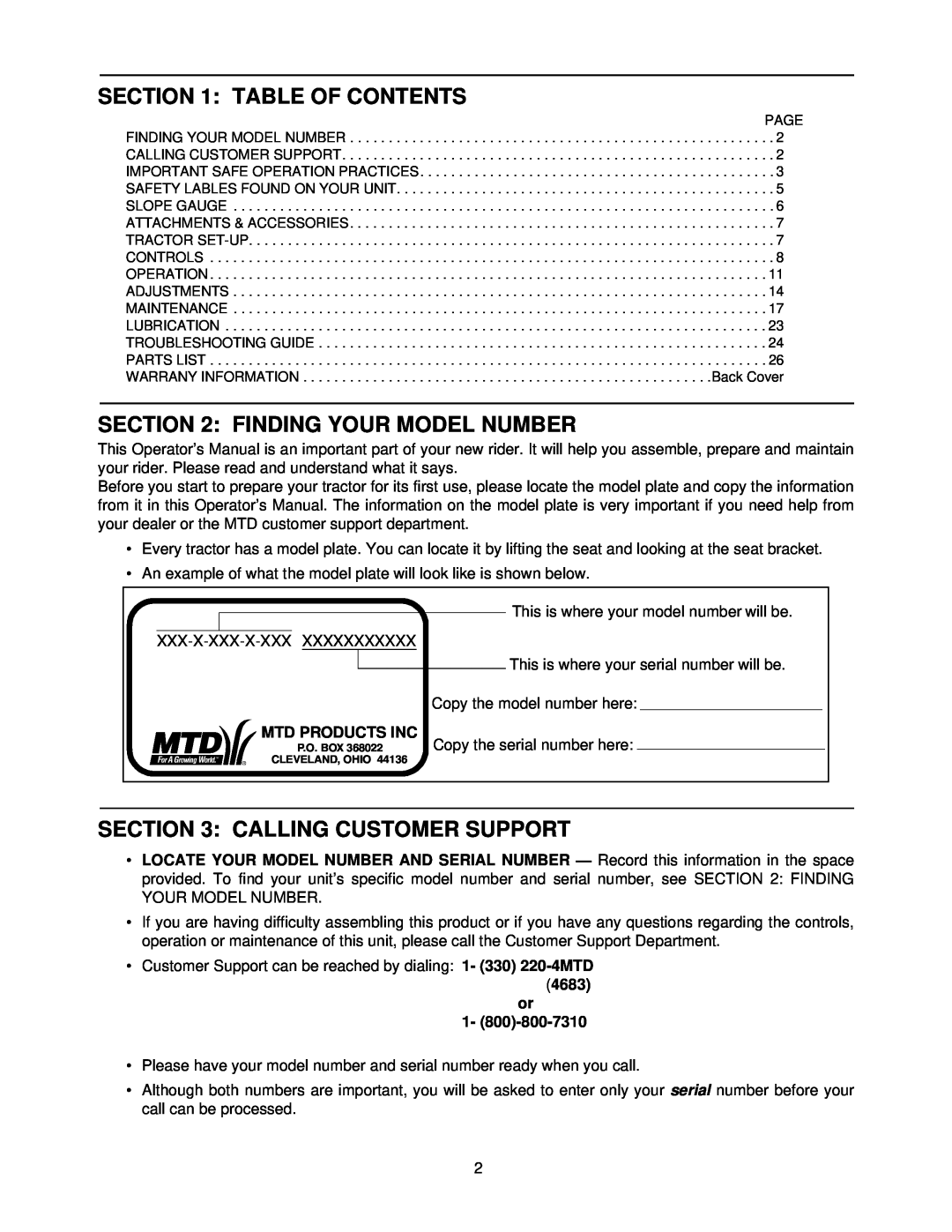 Yard-Man 247.27432 manual Table Of Contents, Finding Your Model Number, Calling Customer Support, Mtd Products Inc, 4683 or 