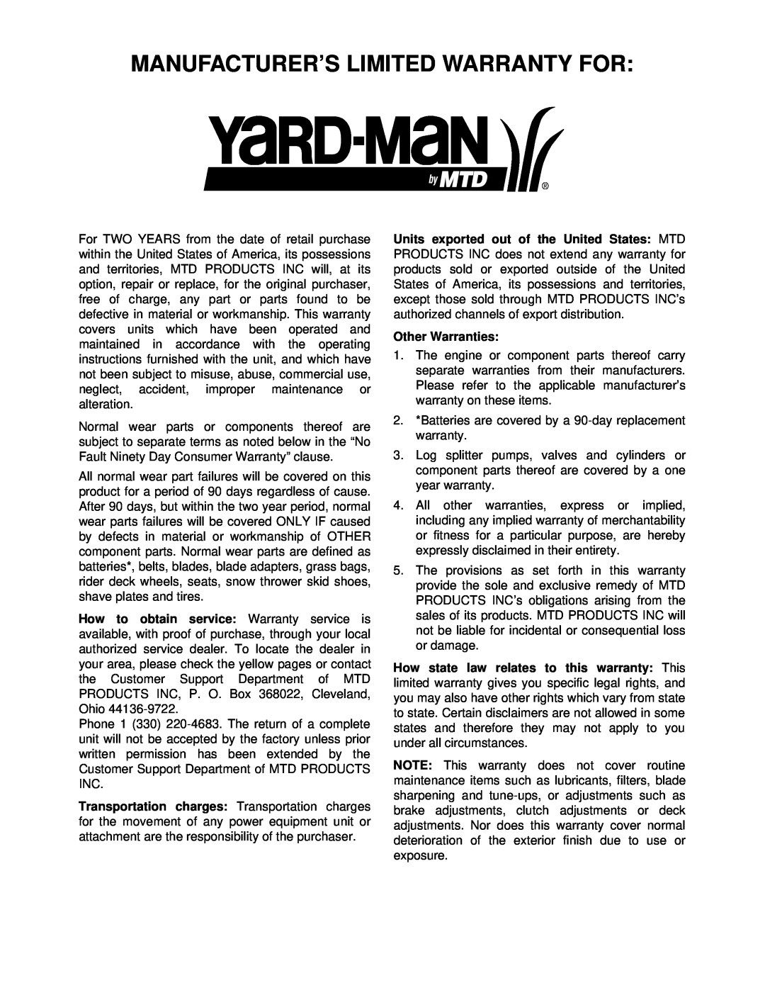 Yard-Man 247.27432 manual Manufacturer’S Limited Warranty For, Other Warranties 