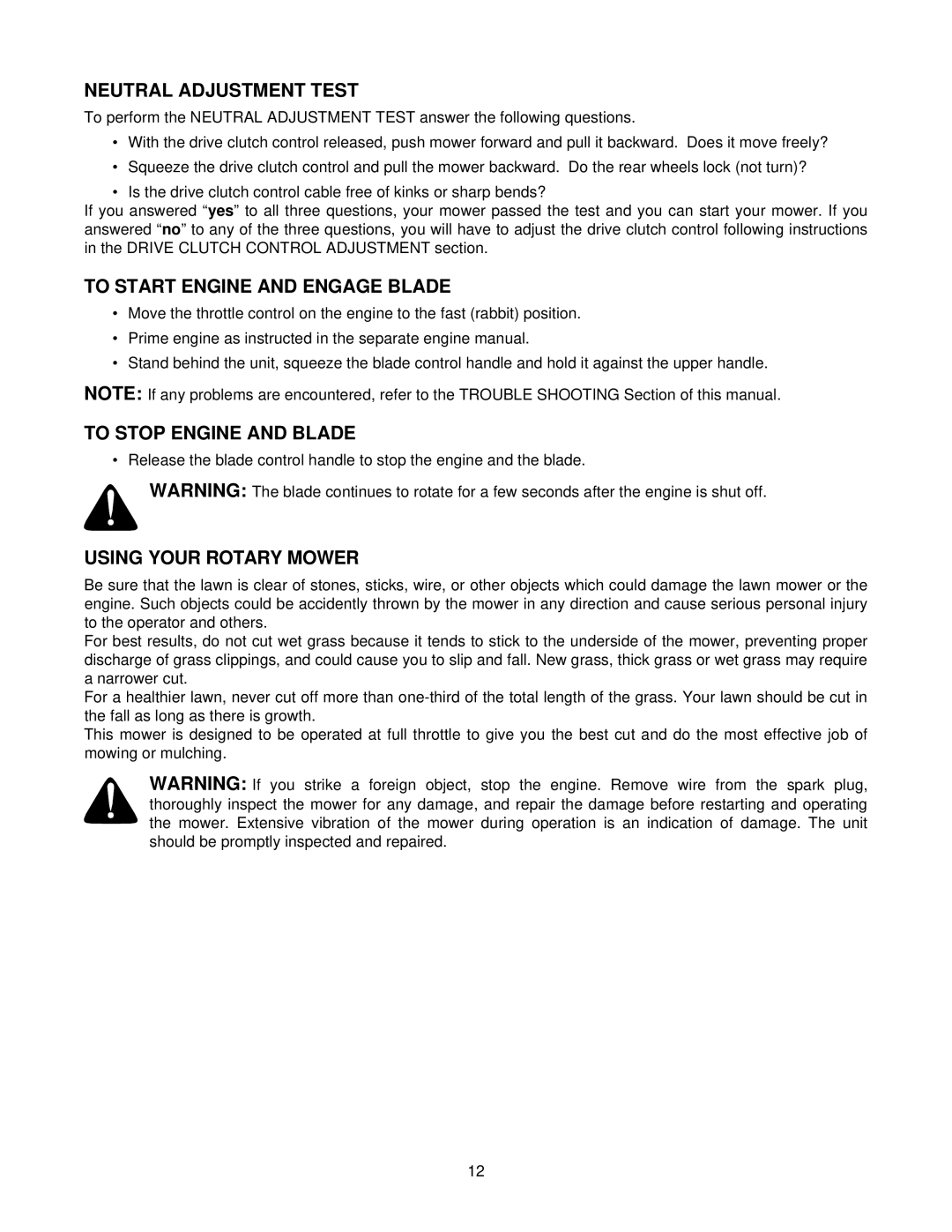 Yard-Man 247.37979 manual Neutral Adjustment Test, To Start Engine and Engage Blade, To Stop Engine and Blade 