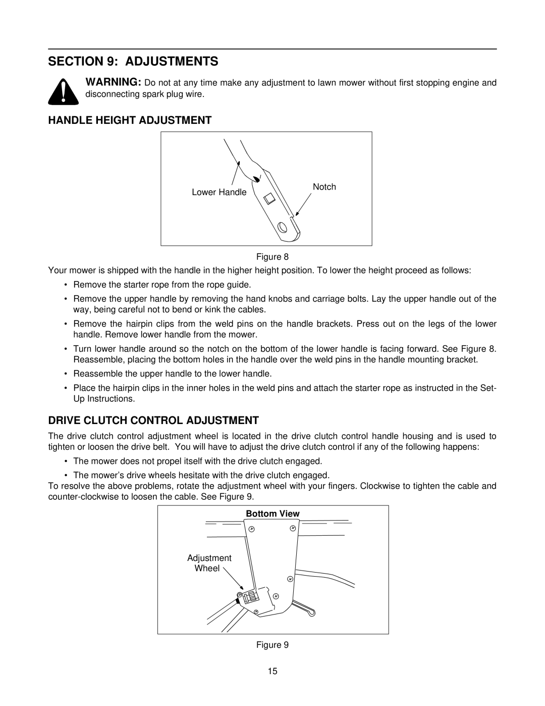 Yard-Man 247.37979 manual Adjustments, Handle Height Adjustment, Drive Clutch Control Adjustment, Bottom View 