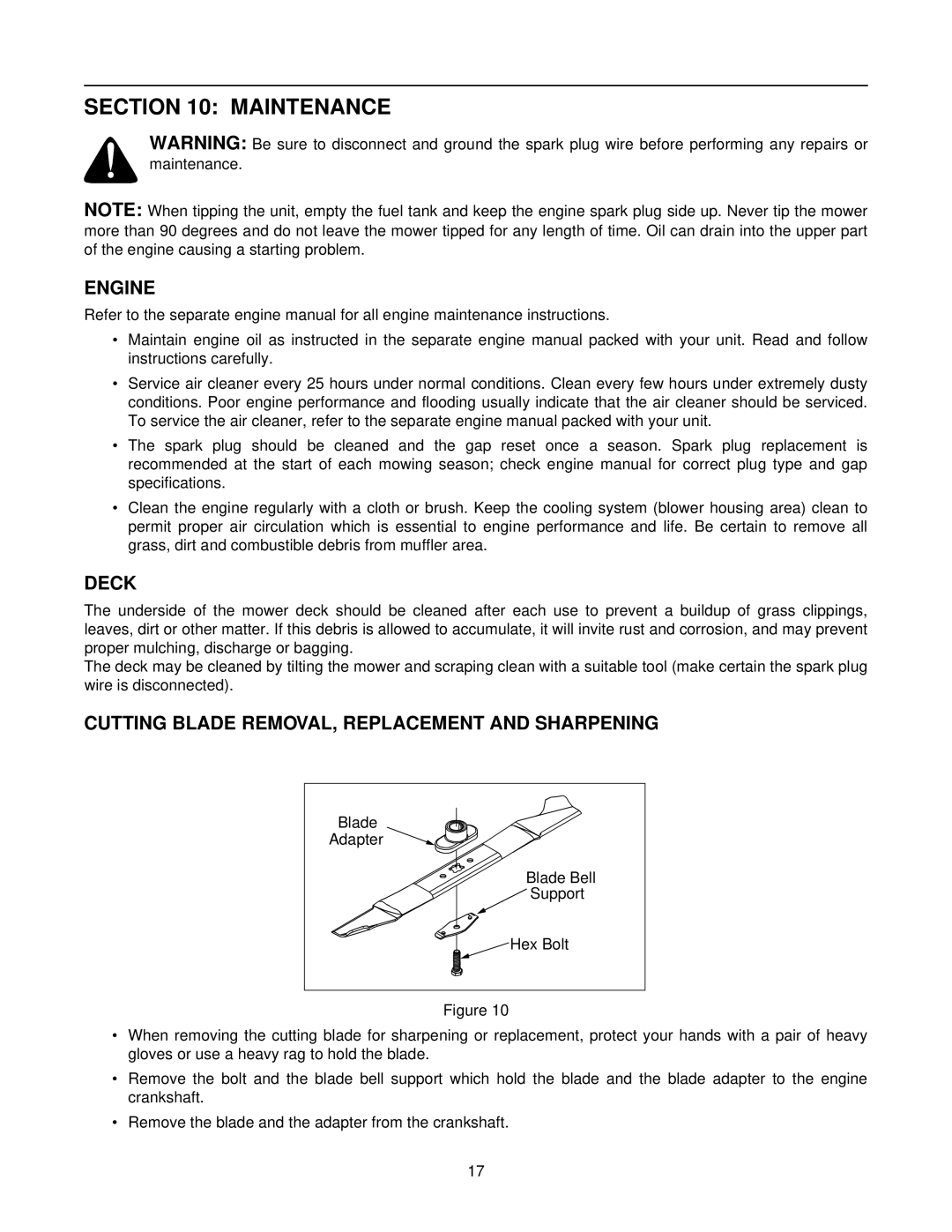 Yard-Man 247.37979 manual Maintenance, Engine, Deck, Cutting Blade REMOVAL, Replacement and Sharpening 