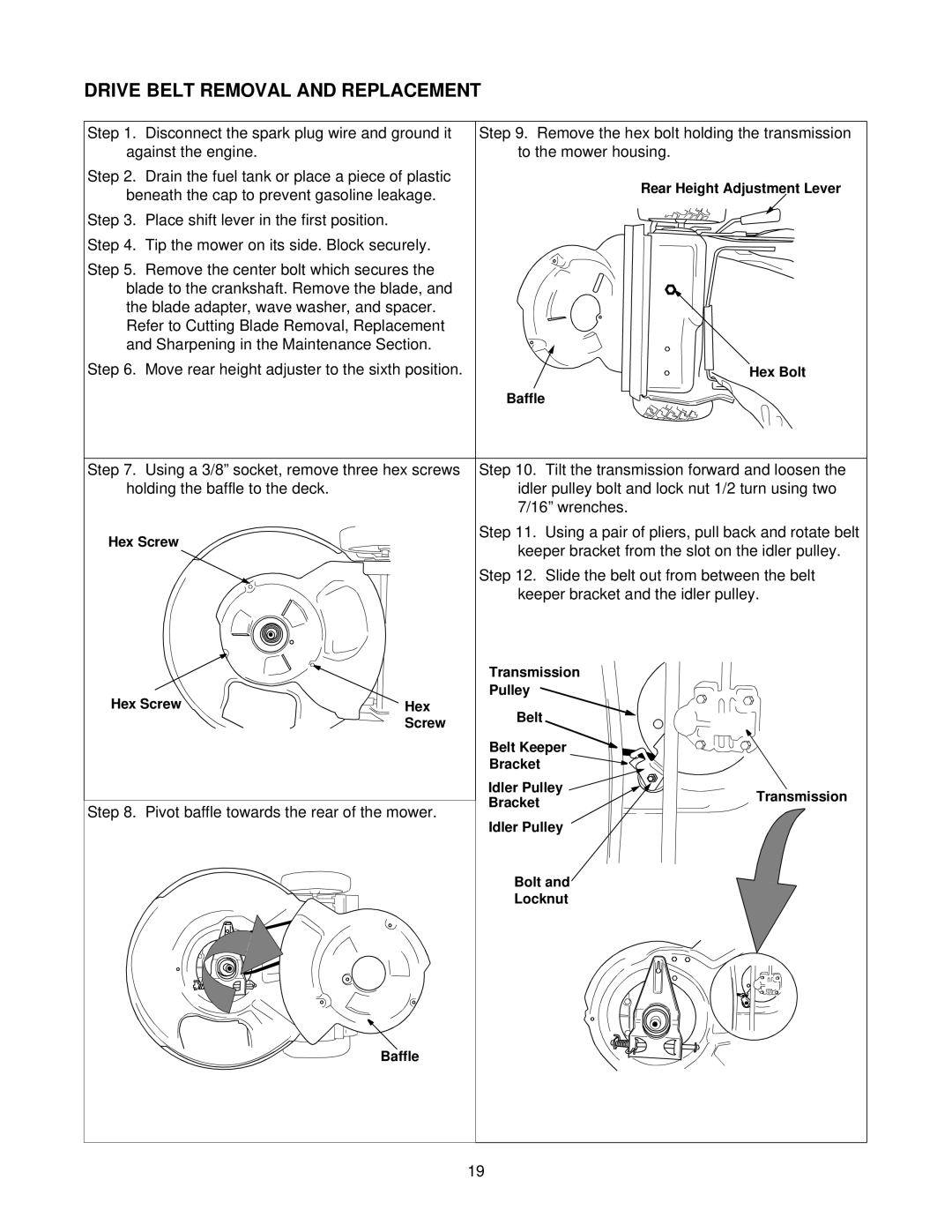 Yard-Man 247.37979 manual Drive Belt Removal and Replacement, Pivot baffle towards the rear of the mower 