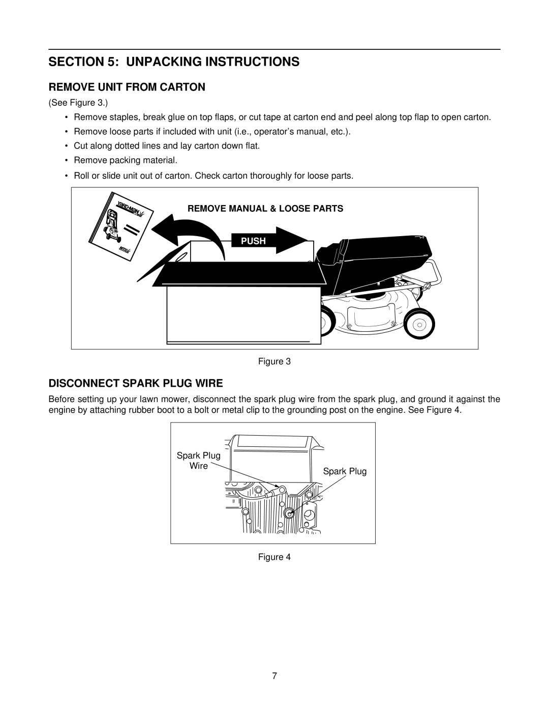 Yard-Man 247.37979 manual Unpacking Instructions, Remove Unit from Carton, Disconnect Spark Plug Wire 