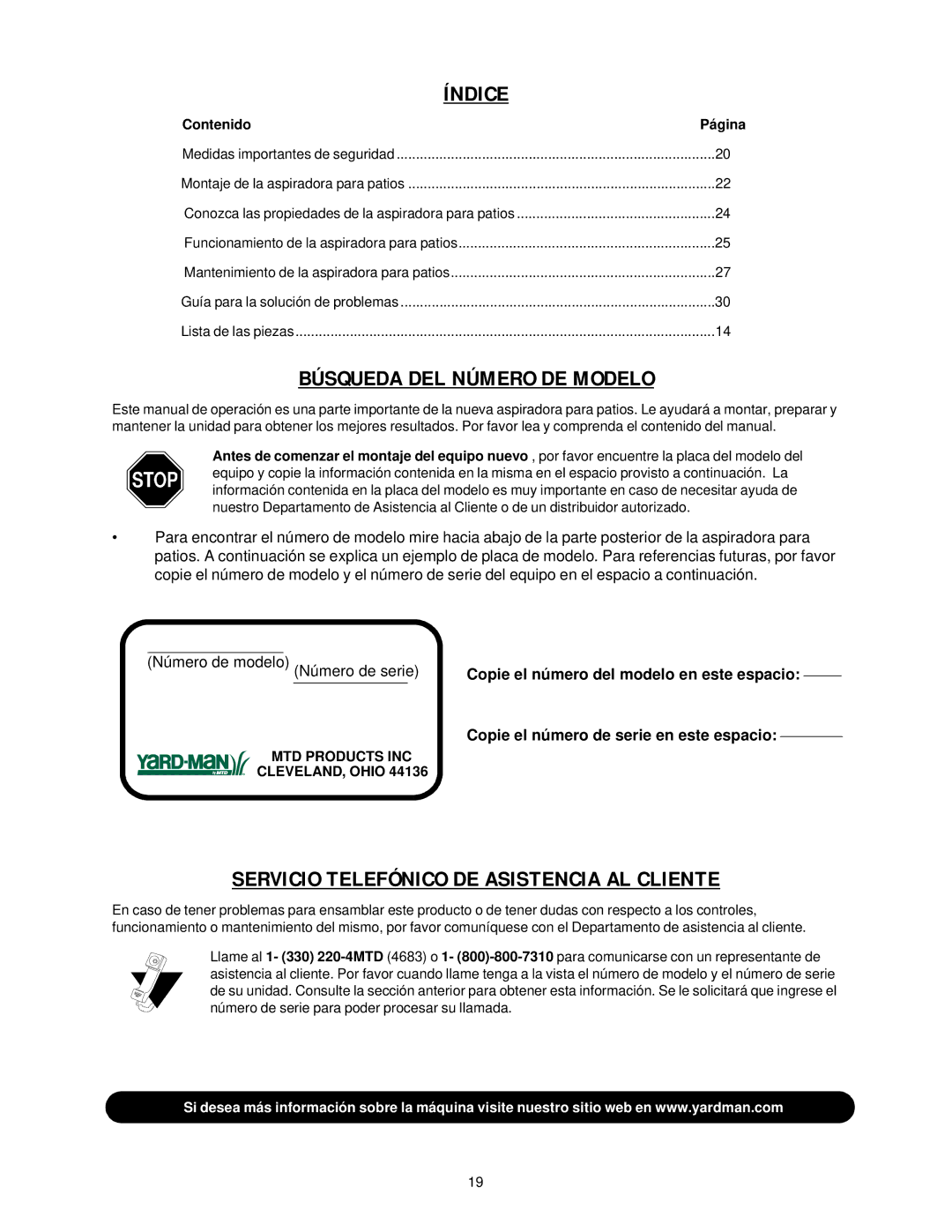 Yard-Man 247.77038 manual Índice, Búsqueda DEL Número DE Modelo, Servicio Telefónico DE Asistencia AL Cliente, Contenido 