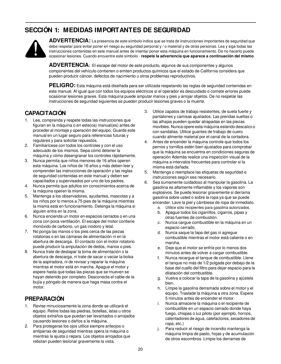 Yard-Man 247.77038 manual Sección 1 Medidas Importantes DE Seguridad, Capacitación, Preparación 