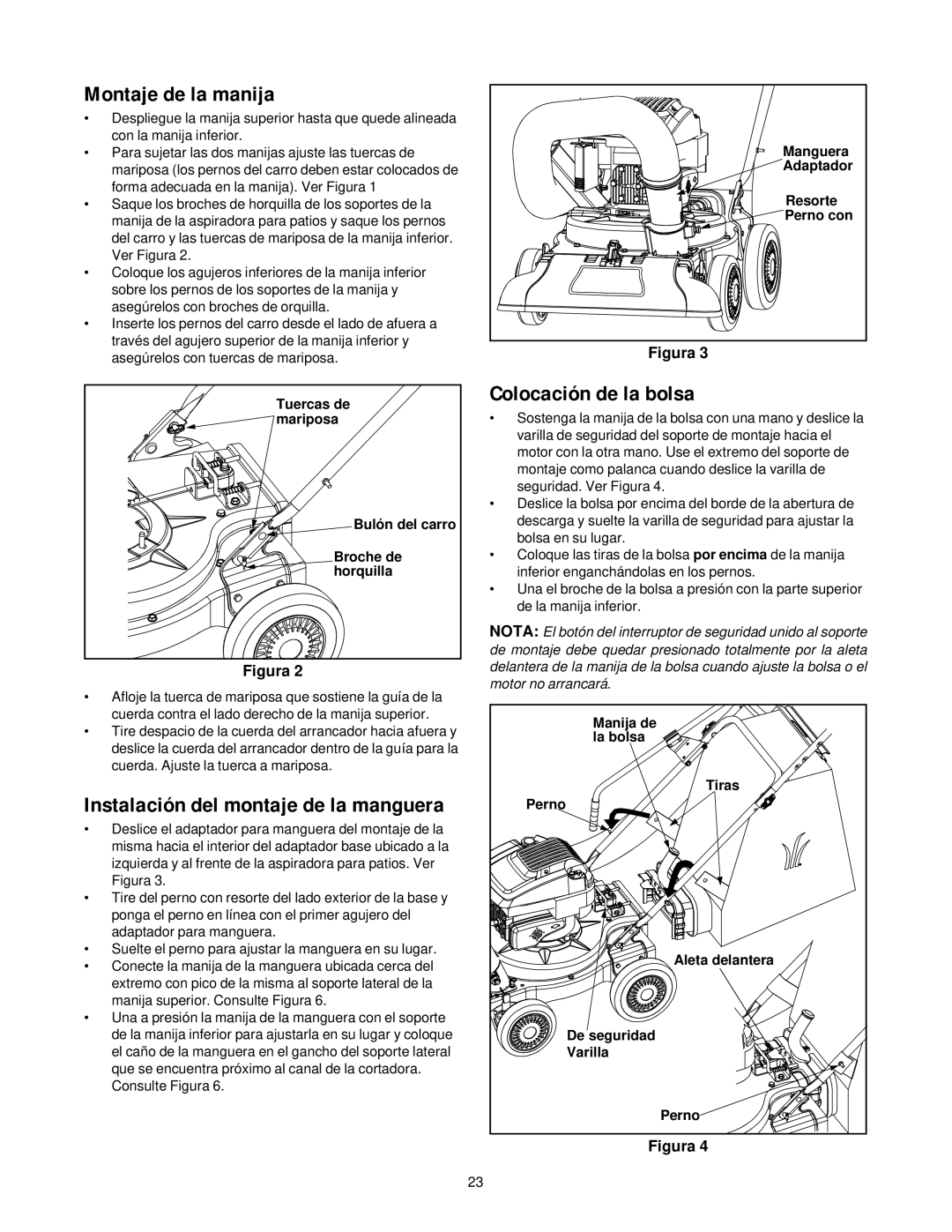 Yard-Man 247.77038 manual Montaje de la manija, Colocación de la bolsa 