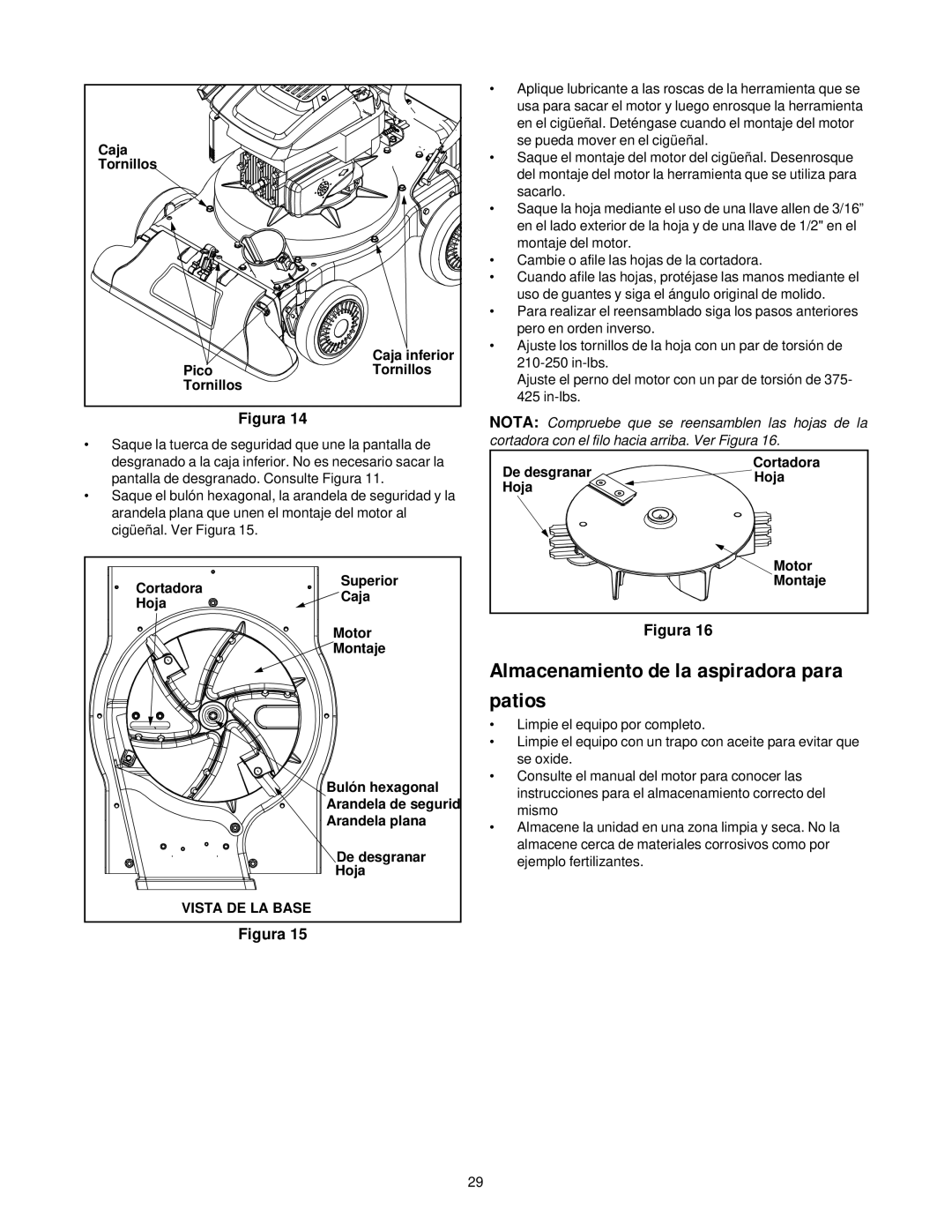 Yard-Man 247.77038 manual Almacenamiento de la aspiradora para patios, Caja Tornillos Caja inferior Pico 