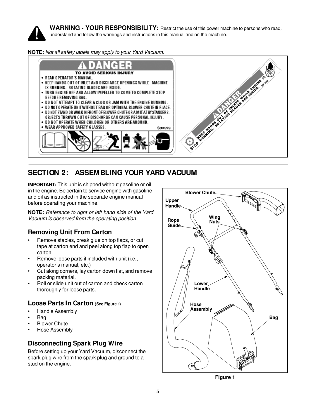 Yard-Man 247.77038 manual Assembling Your Yard Vacuum, Removing Unit From Carton, Loose Parts In Carton See Figure 