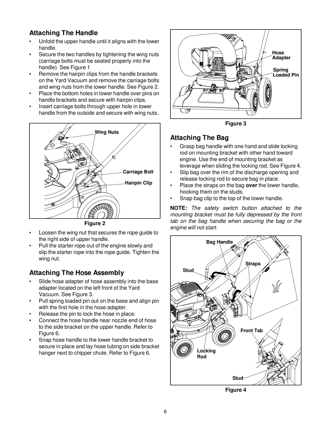 Yard-Man 247.77038 manual Attaching The Handle, Attaching The Hose Assembly, Attaching The Bag 