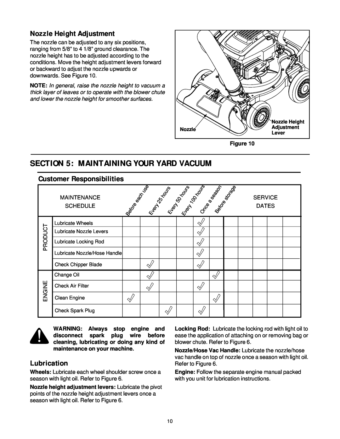 Yard-Man 247.77038 manual Nozzle Height Adjustment, Customer Responsibilities, Lubrication, Maintaining Your Yard Vacuum 