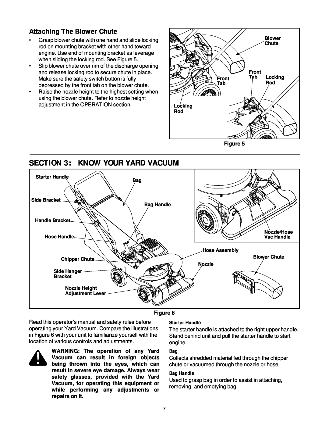 Yard-Man 247.77038 manual Attaching The Blower Chute, Know Your Yard Vacuum, Starter Handle, Bag Handle 