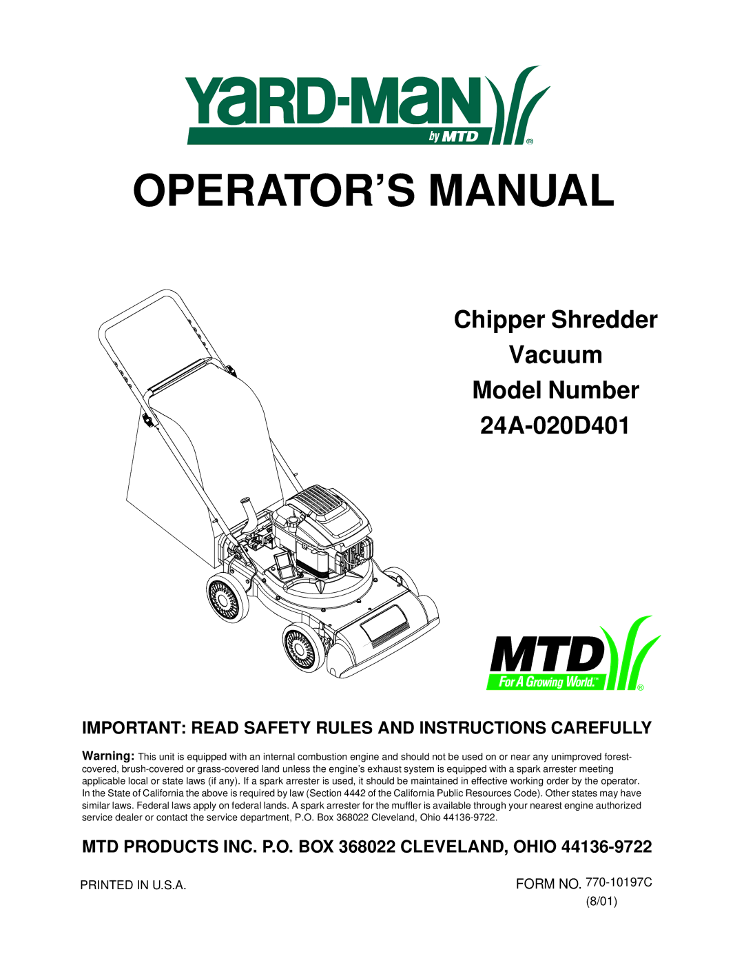 Yard-Man 24A-020D401 manual OPERATOR’S Manual 