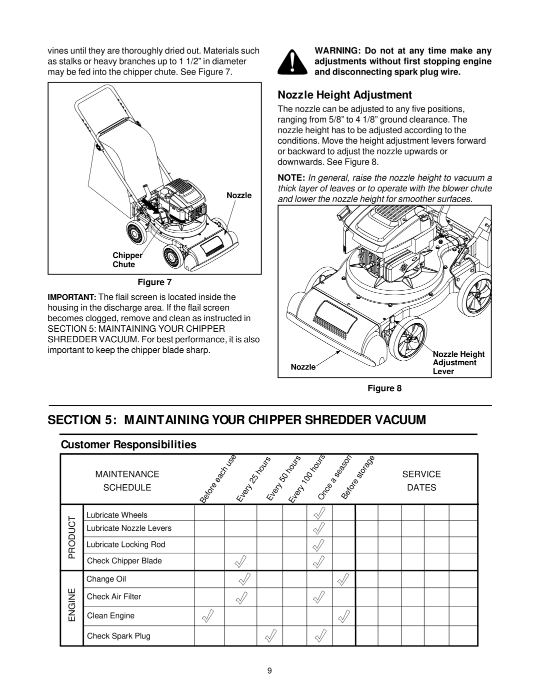 Yard-Man 24A-020D401 manual Maintaining Your Chipper Shredder Vacuum, Nozzle Height Adjustment 