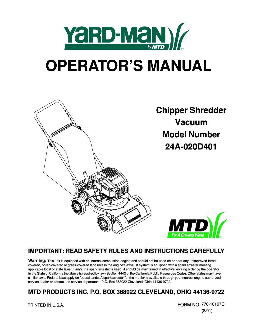 Yard-Man manual Operator’S Manual, Chipper Shredder Vacuum Model Number 24A-020D401 