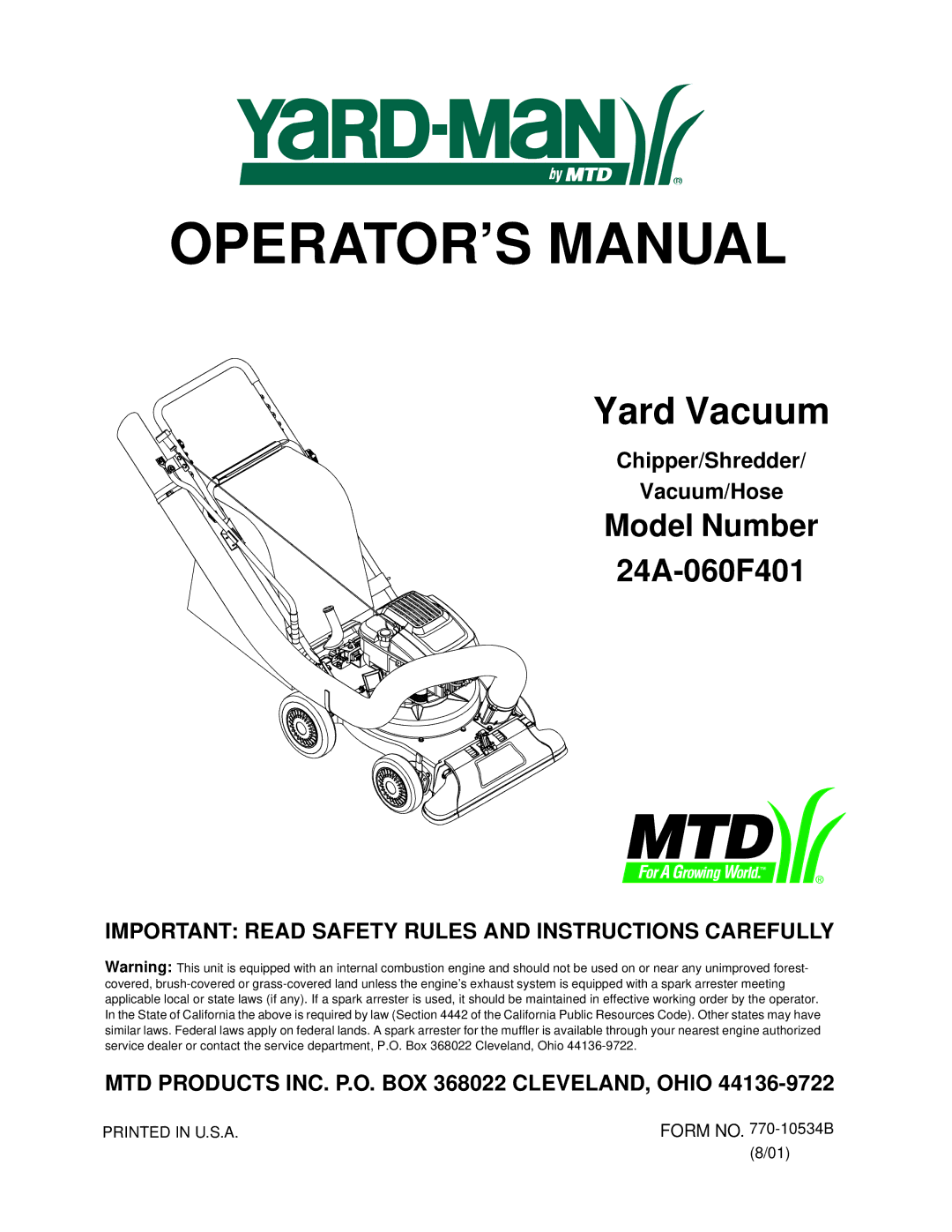 Yard-Man 24A-060F401 manual OPERATOR’S Manual 