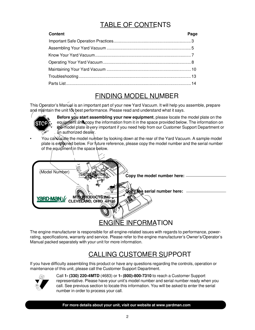 Yard-Man 24A-060F401 manual Table of Contents, Finding Model Number, Engine Information, Calling Customer Support 