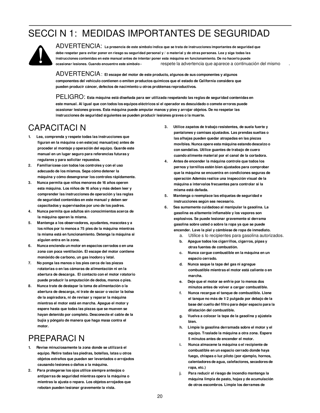 Yard-Man 24A-060F401 manual Sección 1 Medidas Importantes DE Seguridad, Capacitación, Preparación 