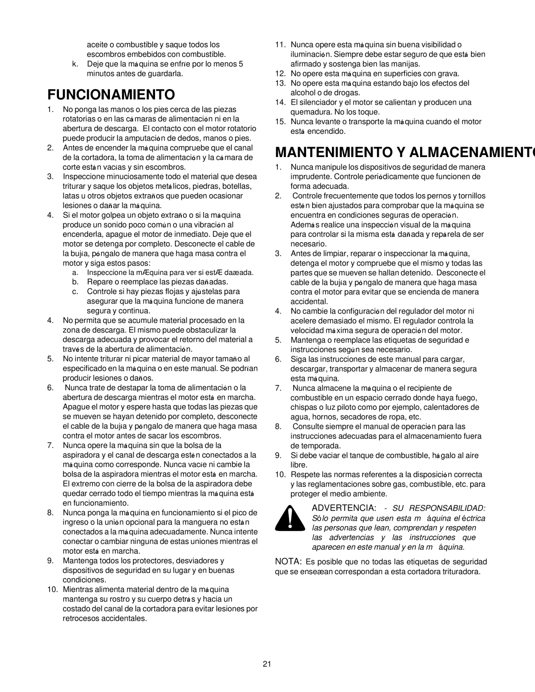 Yard-Man 24A-060F401 manual Funcionamiento, Mantenimiento Y Almacenamiento 