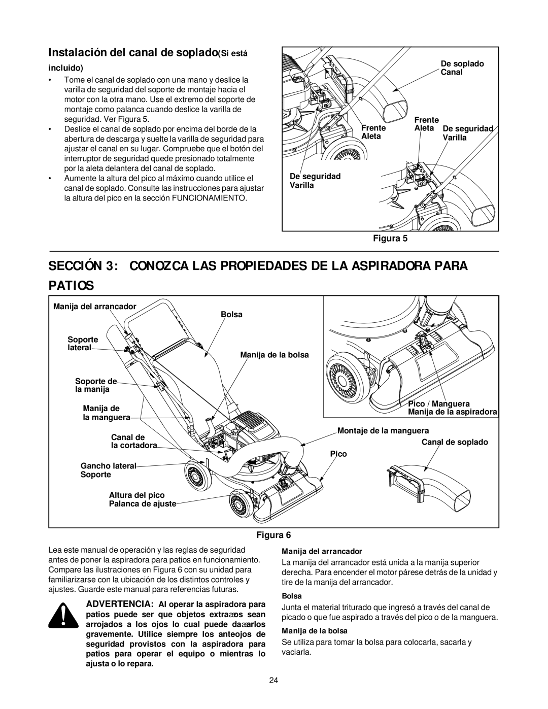 Yard-Man 24A-060F401 manual Manija del arrancador, Bolsa, Manija de la bolsa 