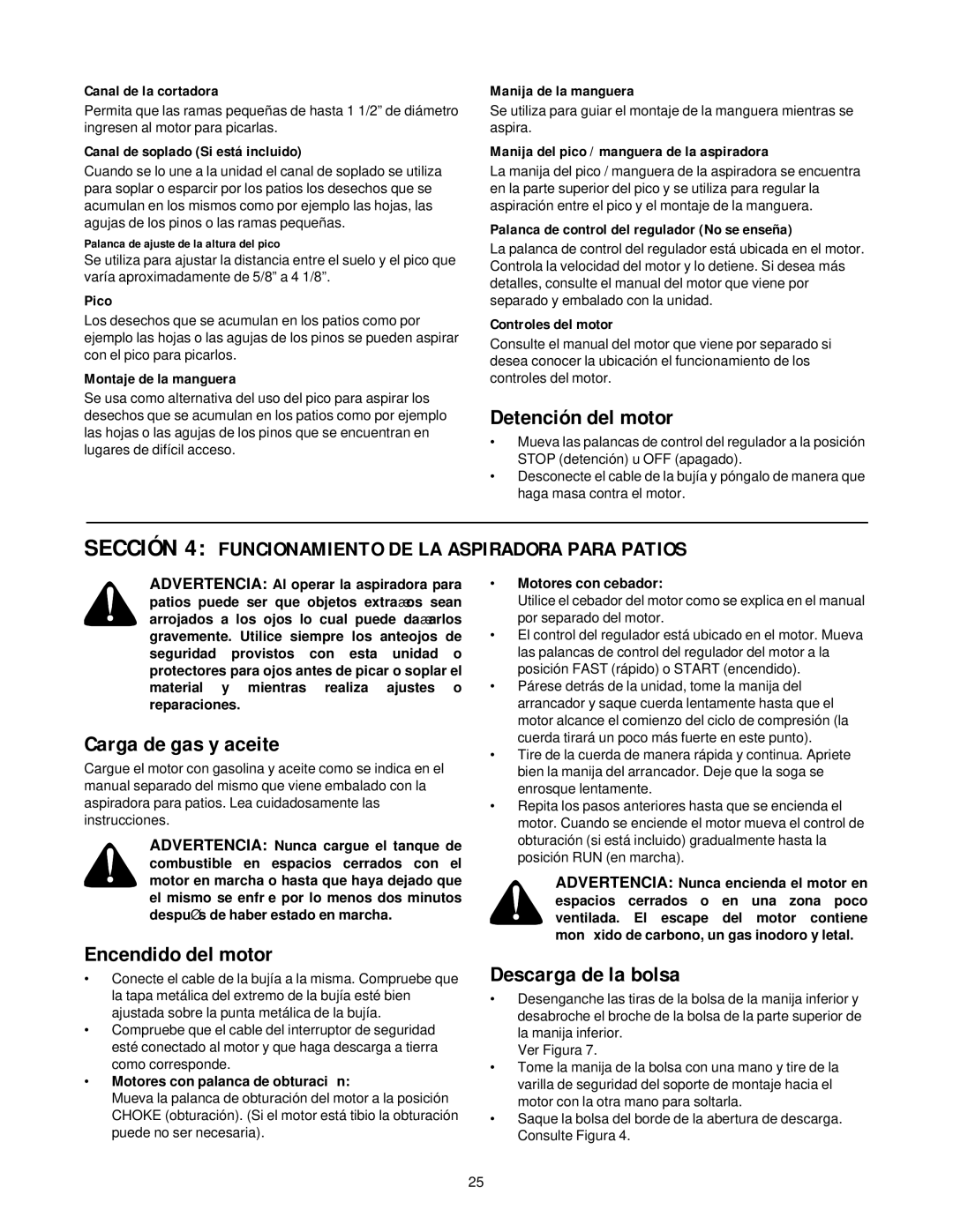 Yard-Man 24A-060F401 manual Detención del motor, Carga de gas y aceite, Encendido del motor, Descarga de la bolsa 