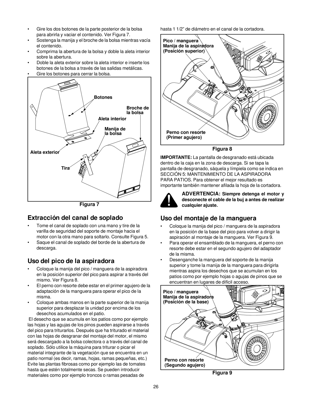 Yard-Man 24A-060F401 manual Extracción del canal de soplado, Uso del pico de la aspiradora, Uso del montaje de la manguera 