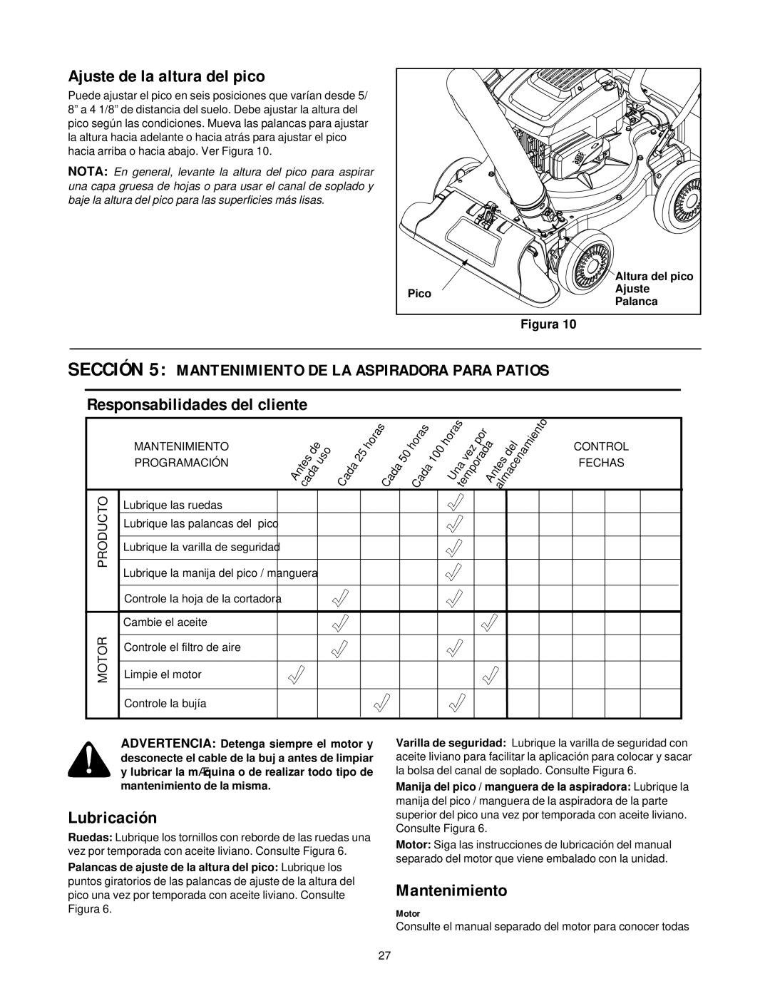 Yard-Man 24A-060F401 manual Ajuste de la altura del pico, Responsabilidades del cliente, Lubricación, Mantenimiento 