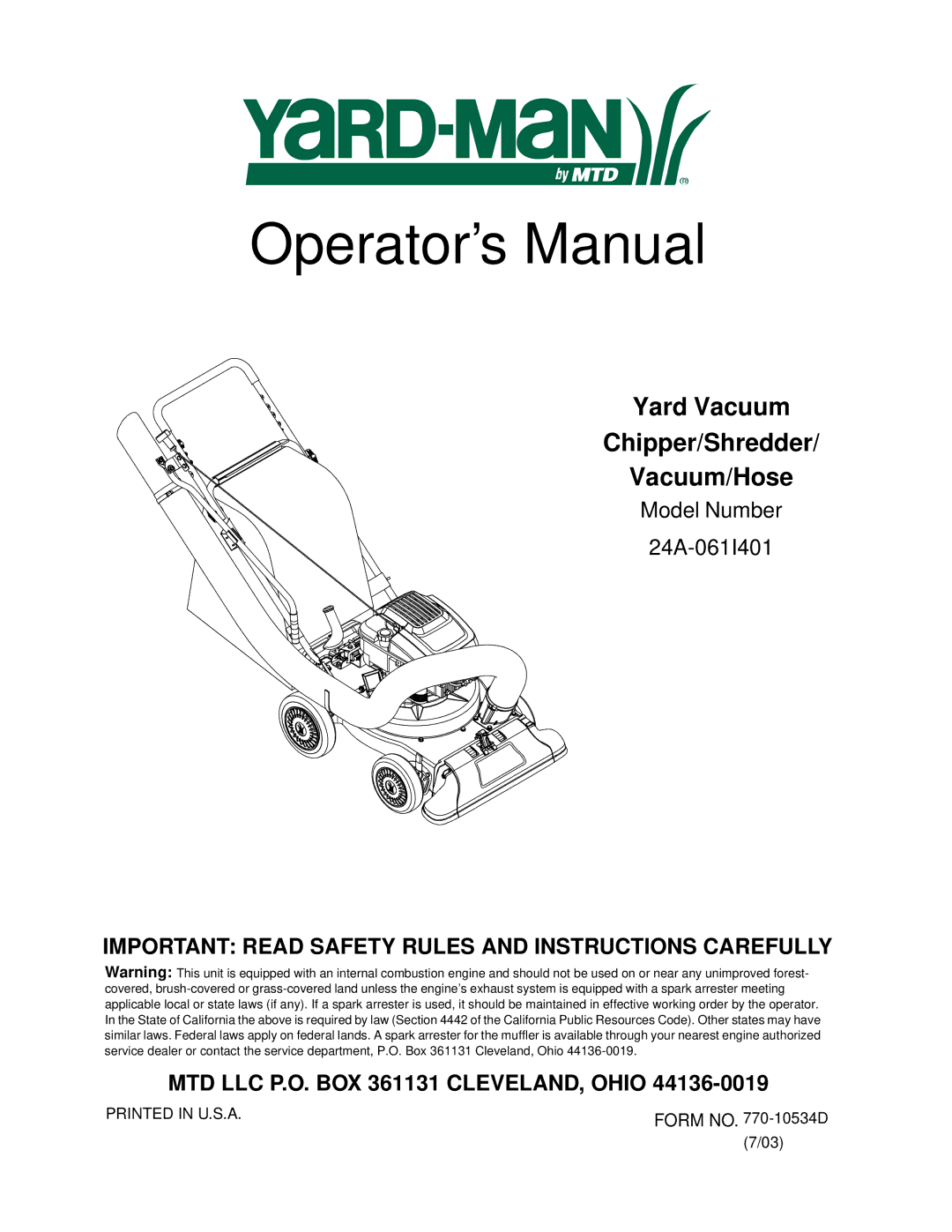 Yard-Man 24A-061I401 manual Operator’s Manual 