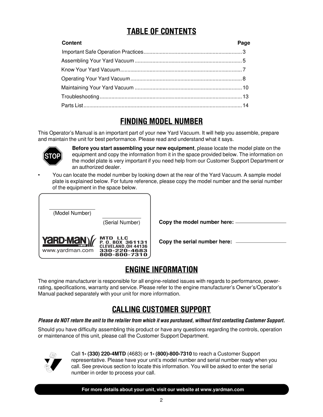 Yard-Man 24A-061I401 manual Table of Contents, Finding Model Number, Engine Information, Calling Customer Support 