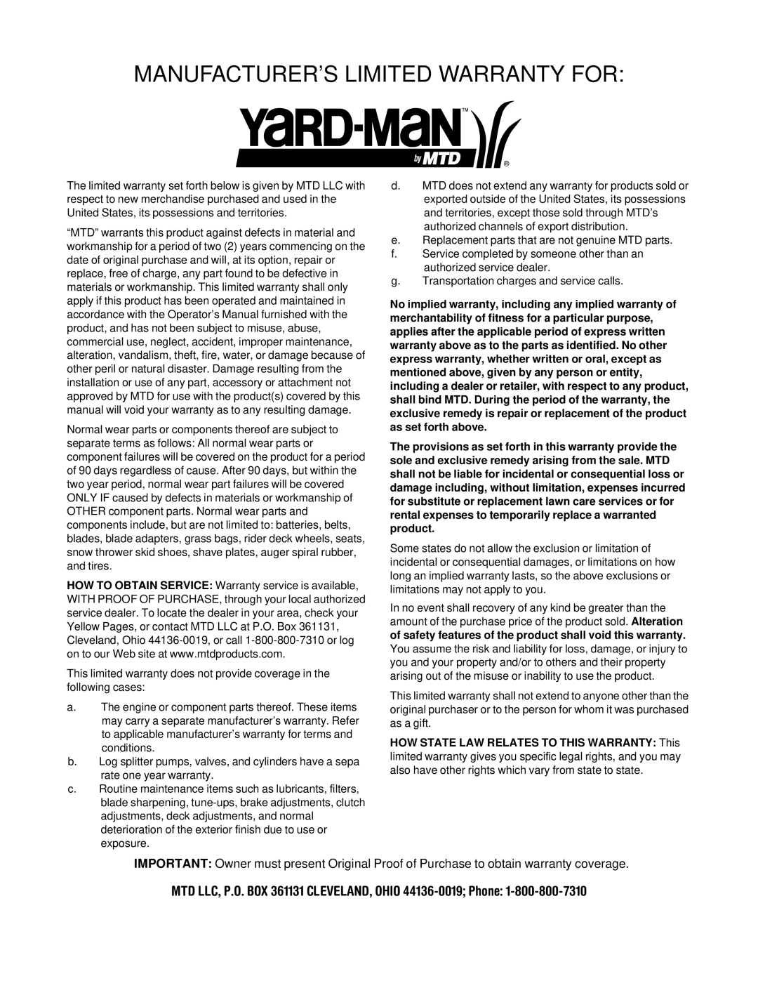 Yard-Man 24A-061I401 manual MANUFACTURER’S Limited Warranty for 