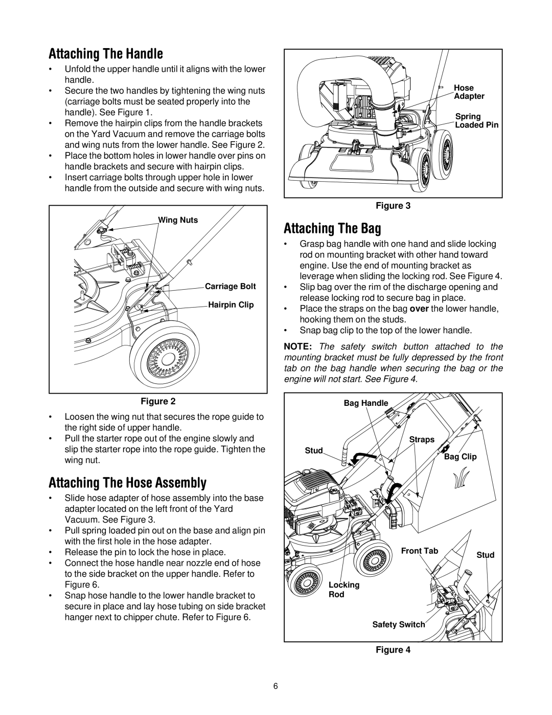 Yard-Man 24A-061I401 manual Attaching The Handle, Attaching The Hose Assembly, Attaching The Bag 