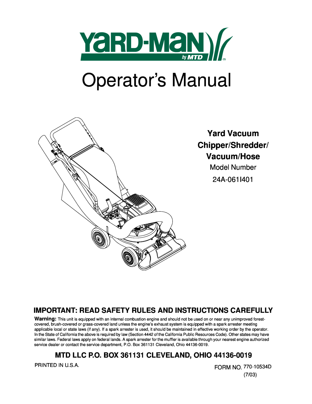 Yard-Man manual Operator’s Manual, Yard Vacuum Chipper/Shredder Vacuum/Hose, Model Number 24A-061I401 