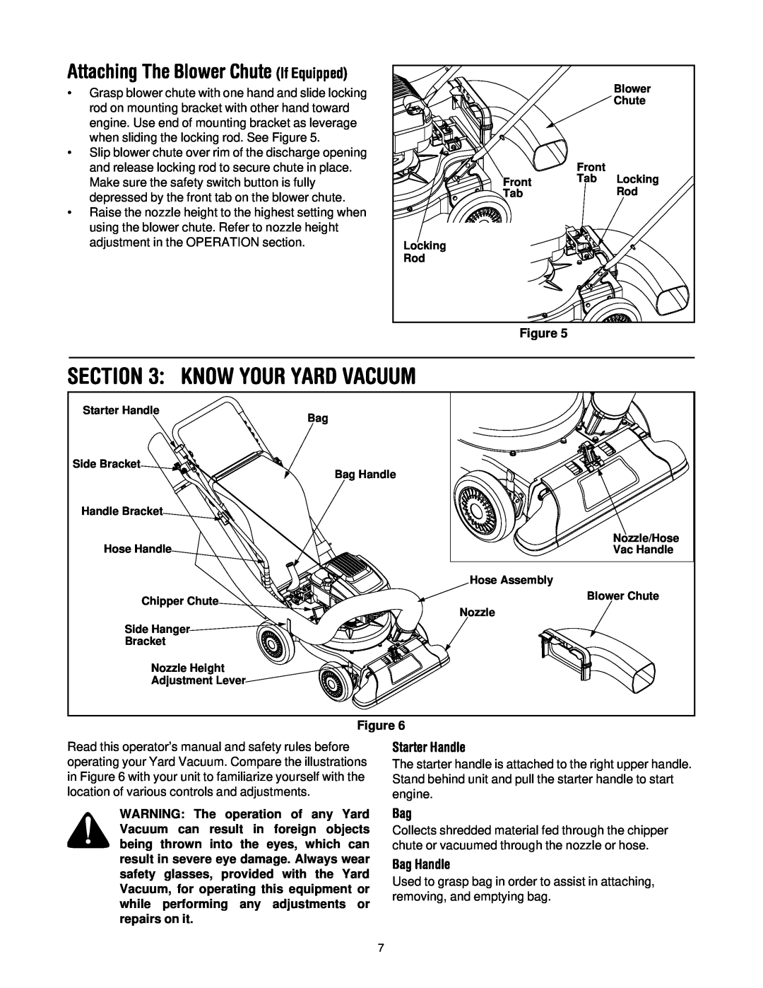 Yard-Man 24A-061I401 manual Know Your Yard Vacuum, Attaching The Blower Chute If Equipped, Starter Handle, Bag Handle 
