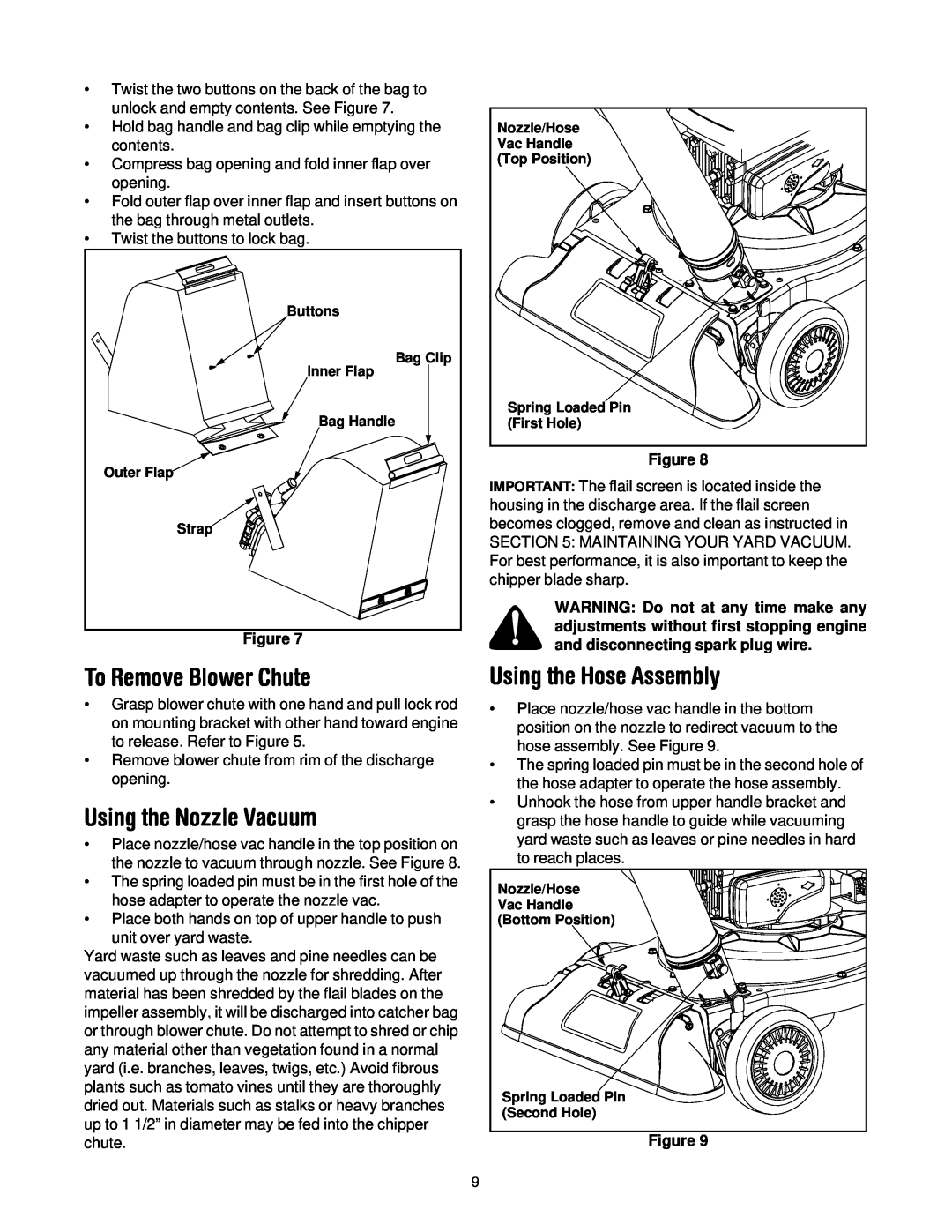 Yard-Man 24A-061I401 manual To Remove Blower Chute, Using the Nozzle Vacuum, Using the Hose Assembly 