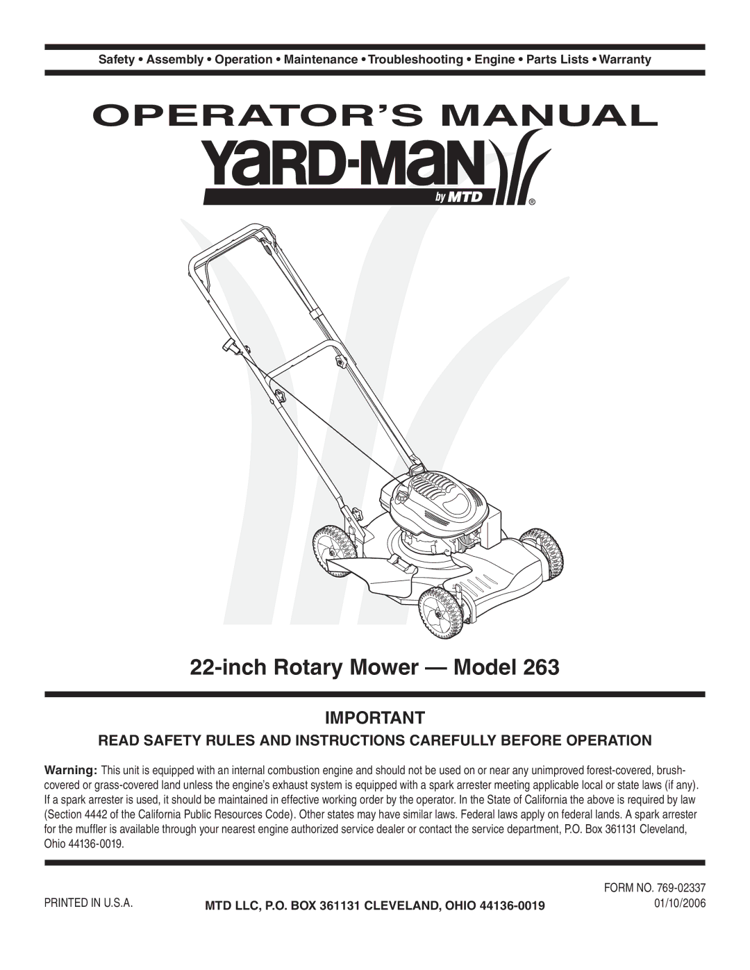 Yard-Man 263 warranty Inch Rotary Mower Model, 01/10/2006 