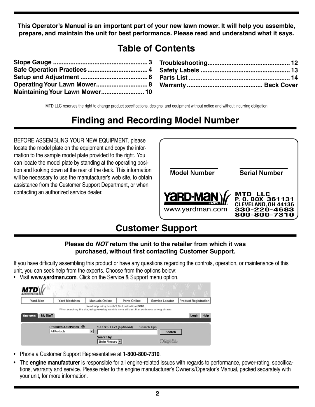 Yard-Man 263 warranty Table of Contents, Finding and Recording Model Number, Customer Support 