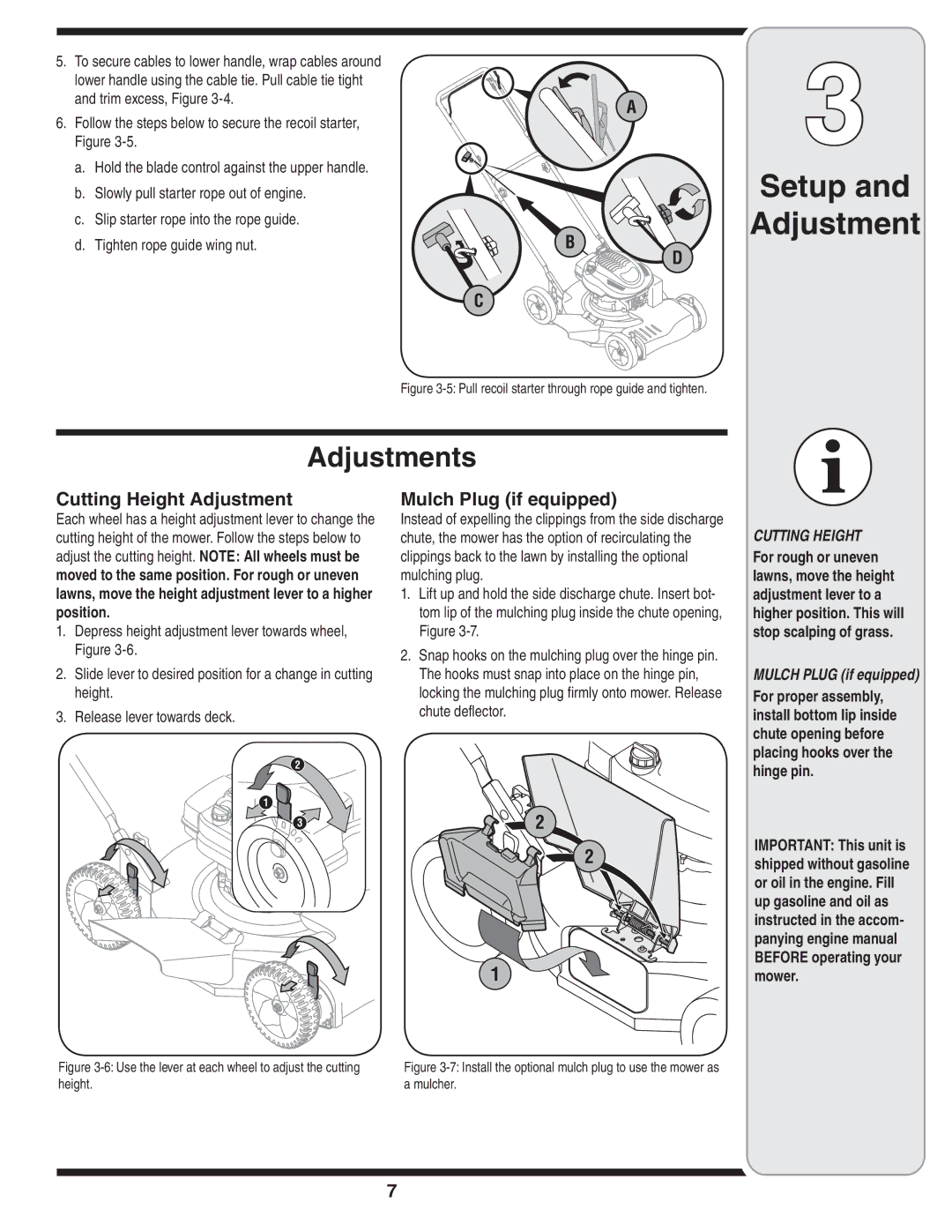 Yard-Man 263 warranty Setup, Adjustments, Cutting Height Adjustment, Mulch Plug if equipped 