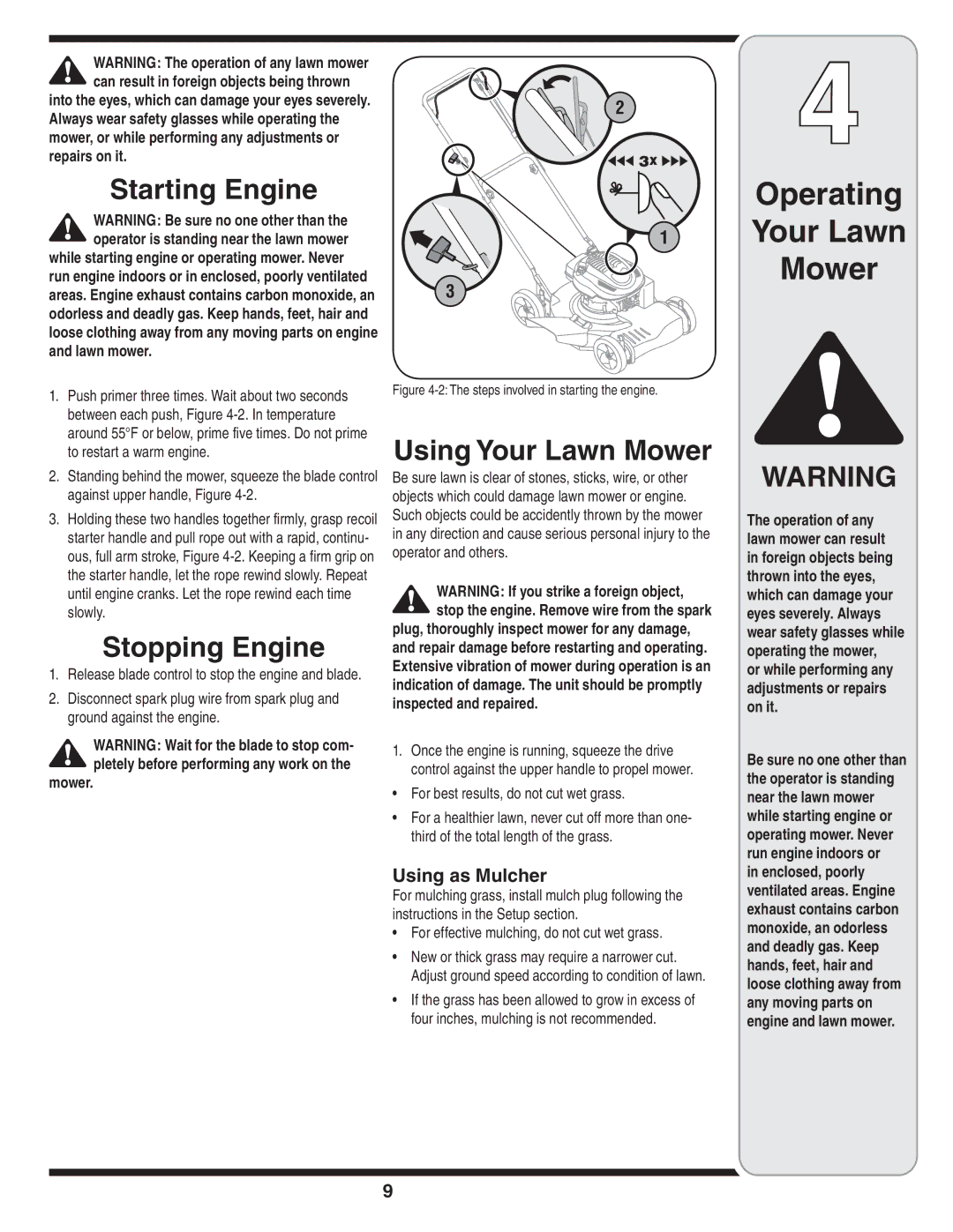 Yard-Man 263 warranty Starting Engine, Stopping Engine, Using Your Lawn Mower, Using as Mulcher 